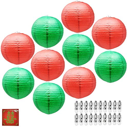 Mudra Crafts Christmas Paper Lanterns with Led Lights, Chinese Decorative Round Holiday Party Hanging Ornament Lamp Set, Traditional Red Green