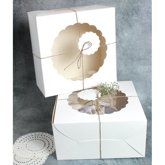 Mudrit Cake Boxes with Window - 10 Pcs 10x10x5 Inches White Bakery Boxes with Tags and Jute Twine