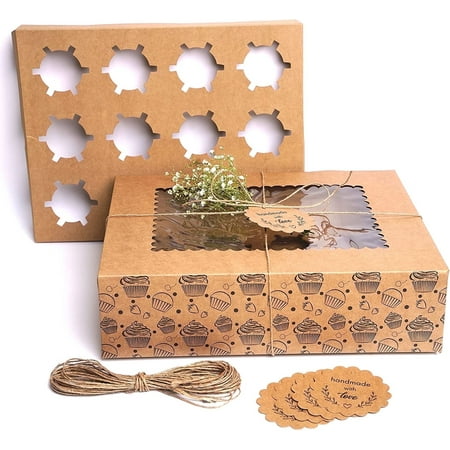 Mudrit Cupcake Boxes Bulk (10 pcs) | Cupcake Holder with Lid | Disposable Cupcake Containers | Food Grade Kraft Bakery Boxes with Window to Fit 12 Cupcakes, Cookies, Muffins ,Pastry, Treats