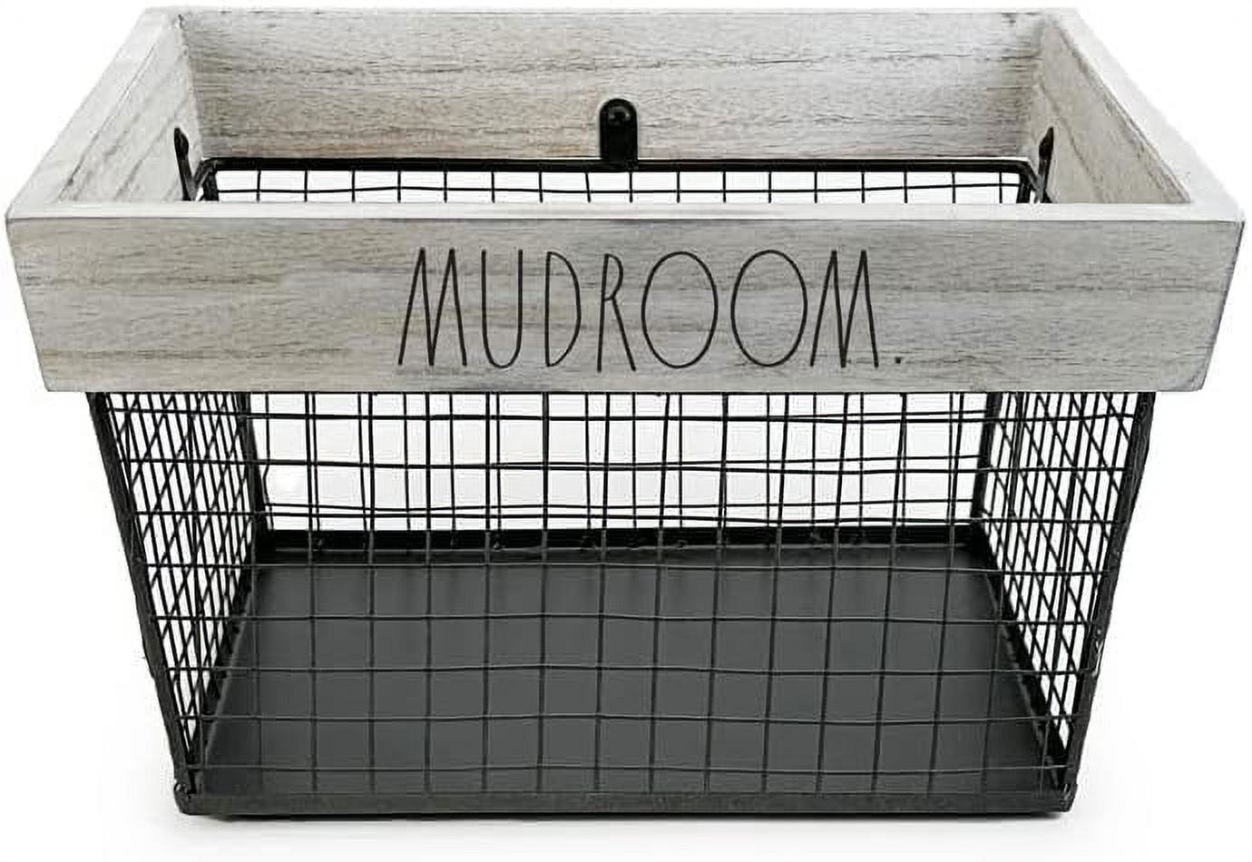 Mudroom Wire Storage Basket Metal And White Wash Wood Bin