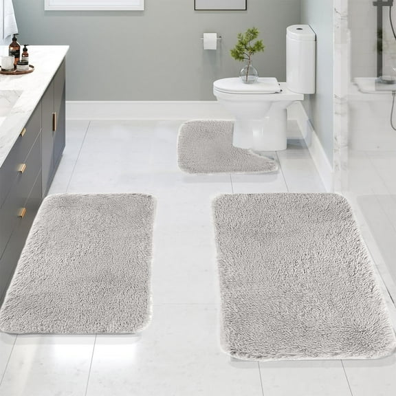 Muecwrye 3 Pcs Bath Rug, Bathroom Sets Clearance! U-Shaped Contour Toilet Rug, Soft Comfortable Water Absorption Non-Slip Bath Mat, Shower Mat for Floor, Room Door Mat, Machine Washable, Gray