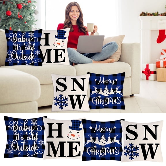 Muecwrye 4 Pcs Christmas Pillow Covers, Fall Throw Pillows, Snowflake Shape, Christmas Tree Shape, Christmas Decorations, Winter Holiday Decor, Throw Cushion Case for Home Couch, 18 X 18 Inch