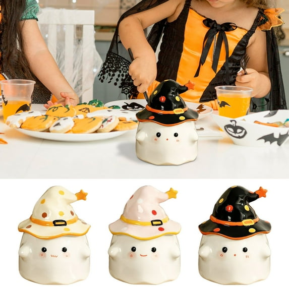 Muecwrye Ghost Mug, Halloween Ceramic Coffee Mugs with Lid, Personalized Halloween Cups, Halloween Ghost Gifts, Suitable for Halloween Decorations, Office, Home, Room Decor