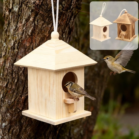 Muecwrye Hanging Bird Feeders Outdoor, Wooden Birdhouse Burnt Finish Rustic Solid Wood Decorative Cage