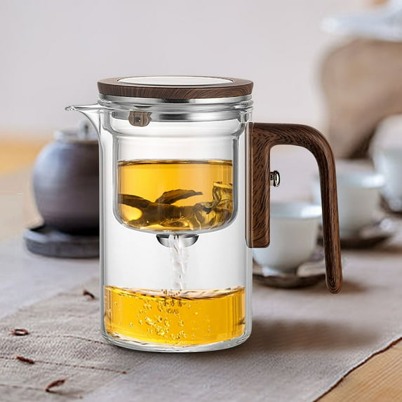 Muecwrye Tea Pot, Tea Kettle, Tea Water Separation Glass Pot with Wooden Handle, Push Control Magic Teapots, Tea Sets for Adults, Kettle Pot for Loose Tea, Party Gifts, 17oz(with 2 Pcs Cups)