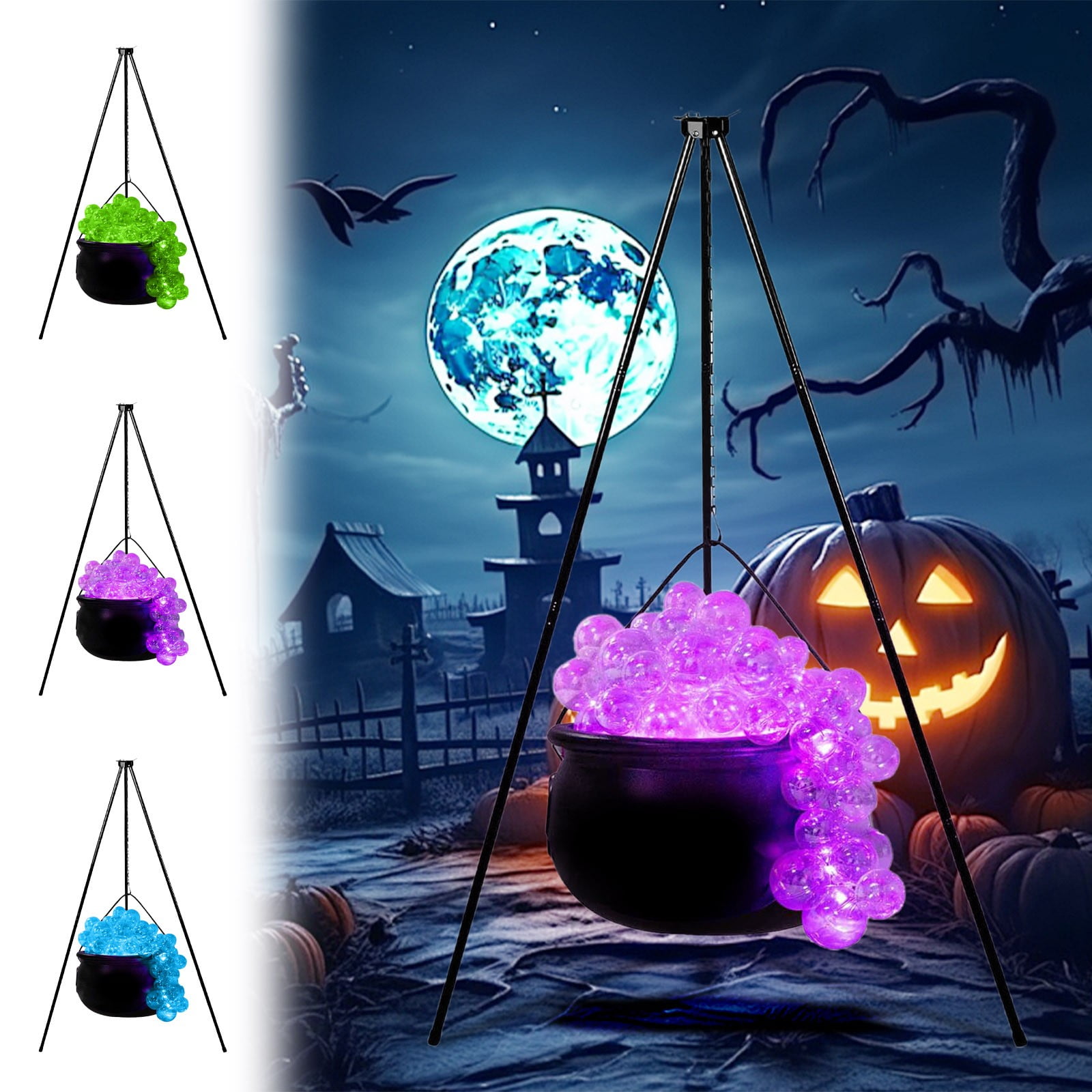 Muecwrye Witch Decor, Witch Jar Bubble Pot Set Outside, Large Luminous Witch Jar, Halloween Large Witches Cauldron on Tripod with Light Bubble, Suitable for Porch and Indoor Spooky Home Decor