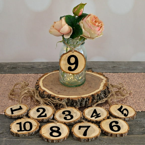 Muecwrye Wooden Table Numbers, 1-10 Wedding Table Numbers, Rustic Wooden Hanging Ornament, Table Numbers 1-10 Perfect for Centerpiece, Wedding Reception, Decoration, Party, Anniversary