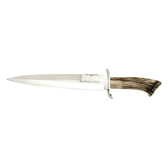 Muela BEAR-24S 14.875-Inch Hunting Knife with 9.625-Inch Stainless Steel Bolsters Fixed Blade, Red Stag Antler Crown Handle, and Leather Sheath