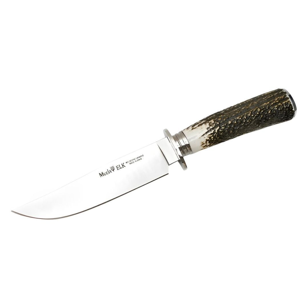 Muela ELK-14A.I Premium Hunting Knife with 5.5-Inch Satin Finish Drop Point Fixed Blade and Genuine Red Stag Antler Handle and Leather Sheath (Red and Brass)
