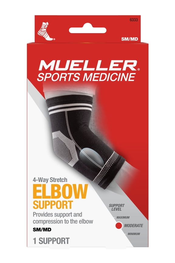 Mueller 360 Compression 4-Way Stretch Moderate Elbow Support, Size SM/MD