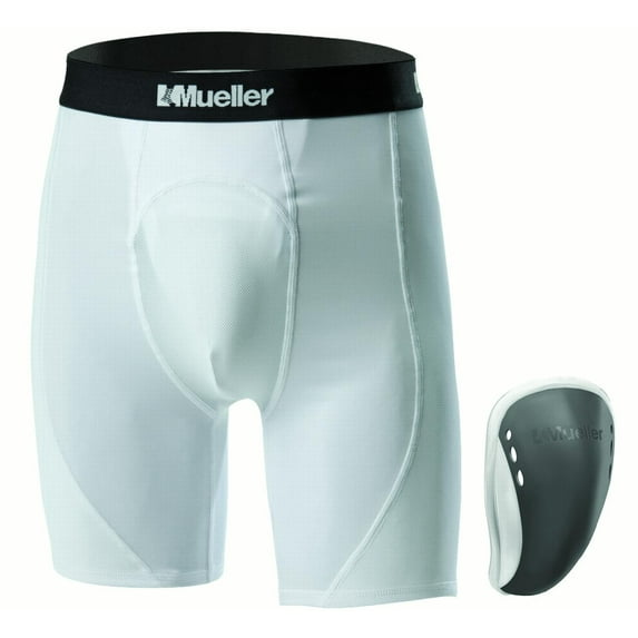 Mueller Adult Athletic Support Shorts with Flex Shield Cup, Adult Large, White/Gray
