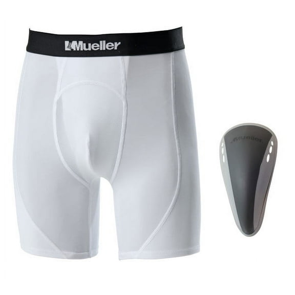 Mueller Athletic Support Shorts with Flex Shield Cup, White/Gray, Adult XXL