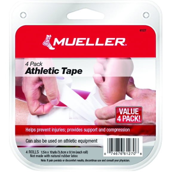 Mueller Athletic Tape, White, 1.5" x 10 Yd Roll, 4-count