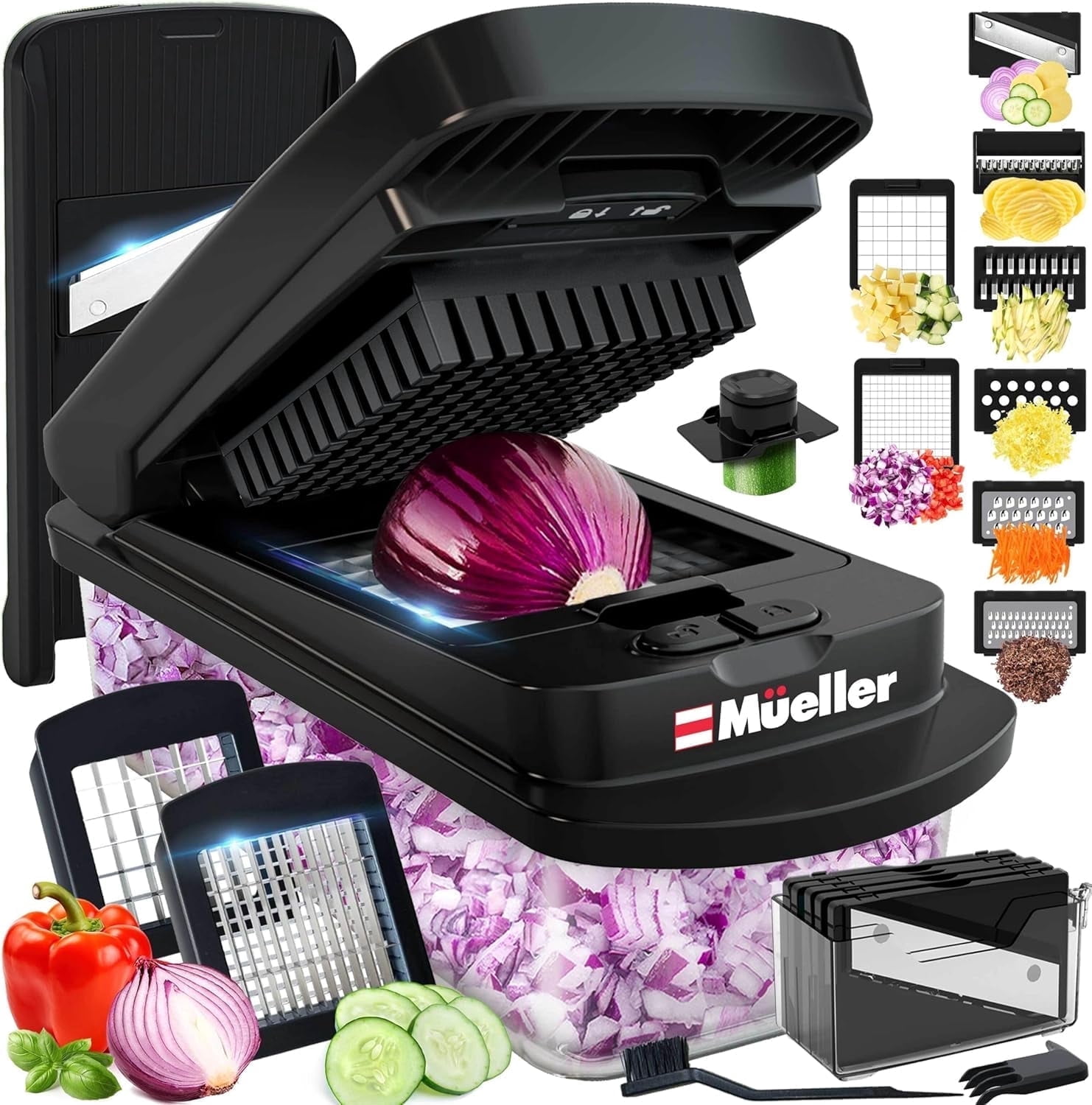 MÜELLERHOME Vegetable Chopper, 10-in-1 Chopper Vegetable Cutter, Food Chopper with Container, Multifunctional Vegetable Cutter with 8 Blades, Mandoline Slicer, Dicer & Grater, Black