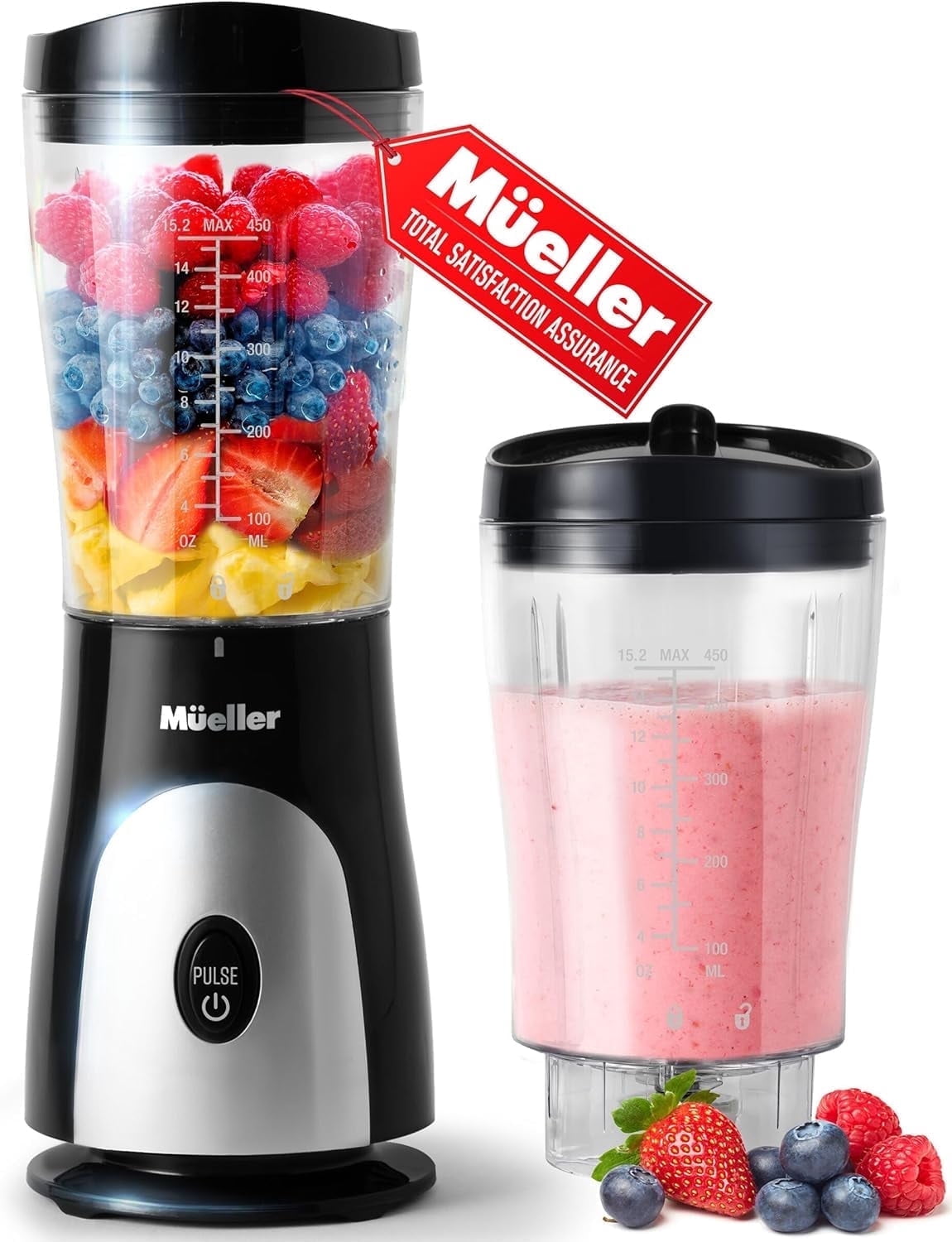 MÜELLERHOME Smoothie Blender – Personal Blender for Shakes, Frozen Drinks, Baby Food & More. 15oz Travel Cup, Lid, Durable Stainless Steel Blades, Powerful Motor, Black.