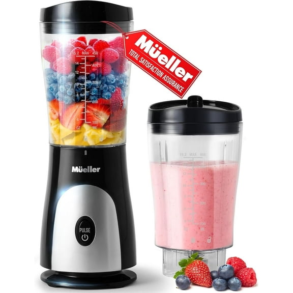 MÜELLERHOME Smoothie Blender – Personal Blender for Shakes, Frozen Drinks, Baby Food & More. 15oz Travel Cup, Lid, Durable Stainless Steel Blades, Powerful Motor, Black.