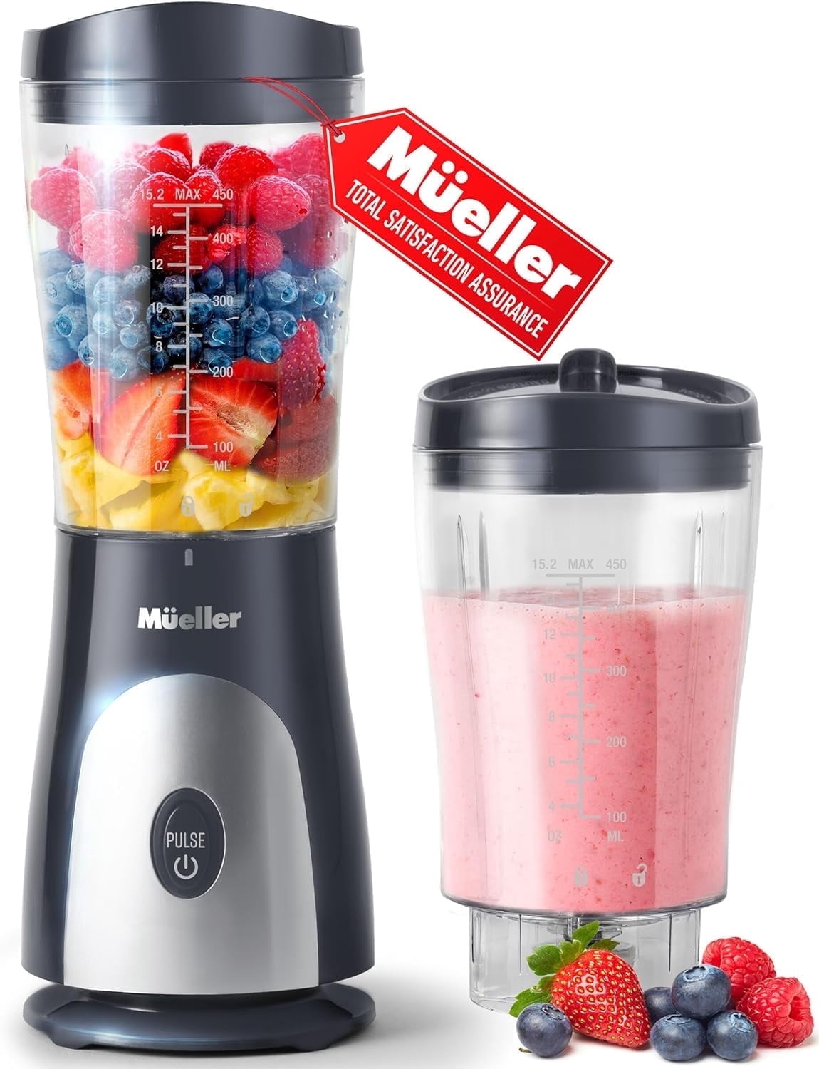 MÜELLERHOME Smoothie Blender for Smoothies-PersonalBlender for Shakes,Frozen Drinks,Baby Food & More,15oz Travel Cup and Lid,Durable Stainless Steel Blades for Powerful Blending Performance,Grey