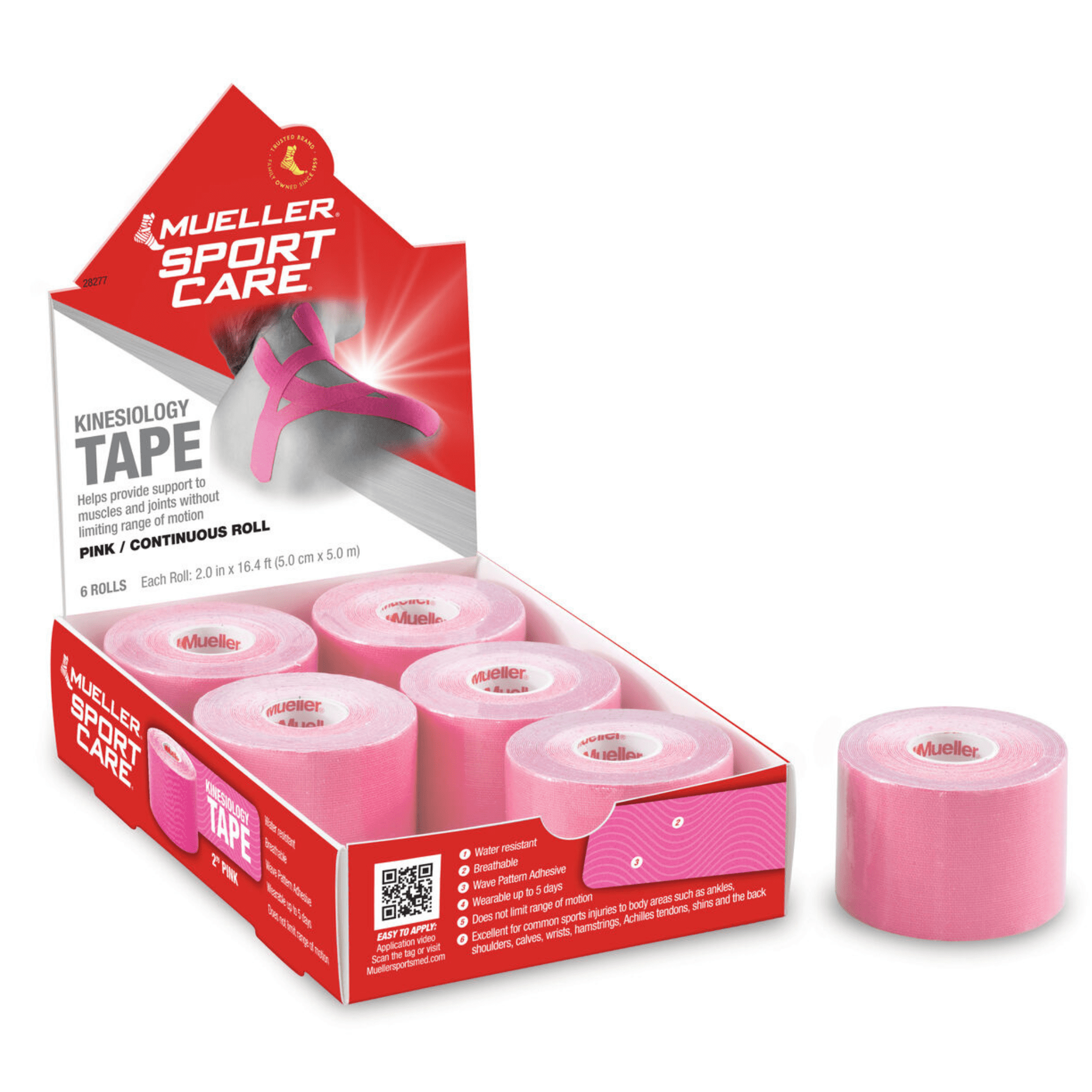 Mueller Continuous Roll Kinesiology Tape: 2 in. x 16.4 ft. (Pink) 6-pack