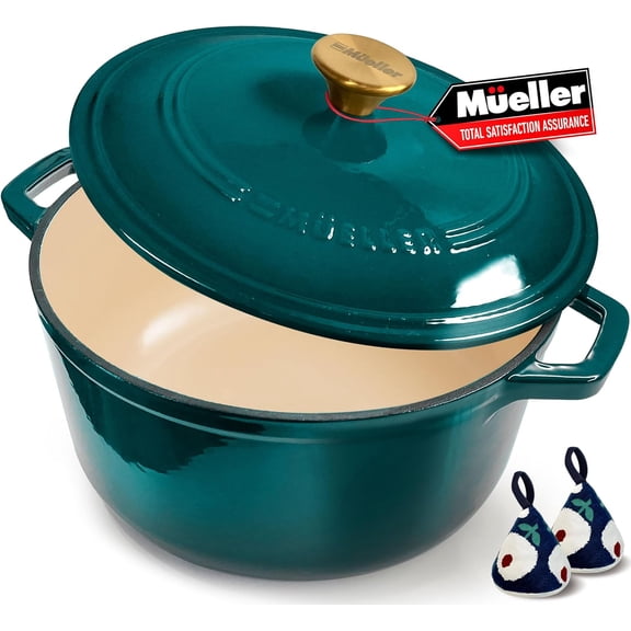 Mueller DuraCast 6 Quart Enameled Cast Iron Dutch Oven Pot with Lid, Heavy-Duty, Safe up to 500 F & Across All Cooktops, Wedding Registry Ideas Gifts, Emerald