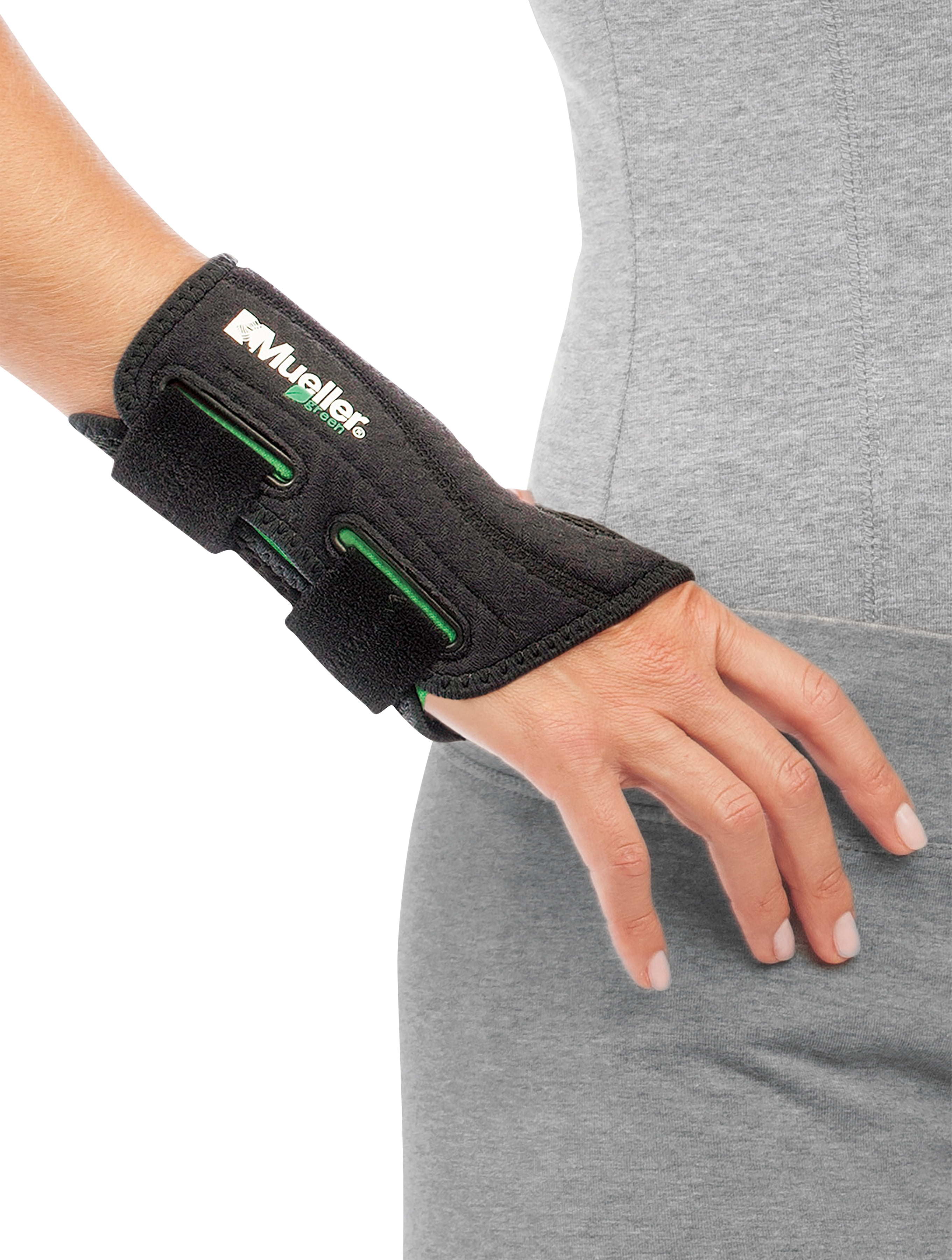 Mueller Green Fitted Wrist Brace, Black, One Size Fits Most, Right Hand 