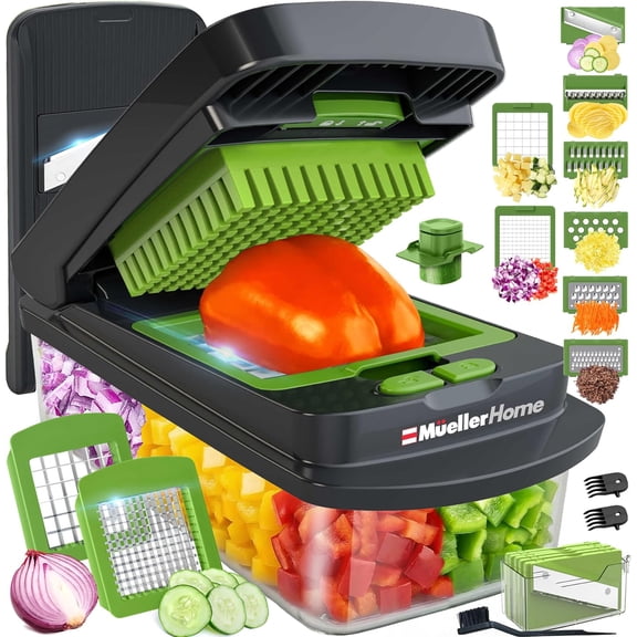 Mueller Home 14-in-1 Vegetable Chopper with Stainless Steel Blades, Storage Container & Multi-Cut Accessories for Onions, Potatoes, Carrots, Cucumbers Efficient Kitchen Prep Tool,Gray/Green,8 Blade