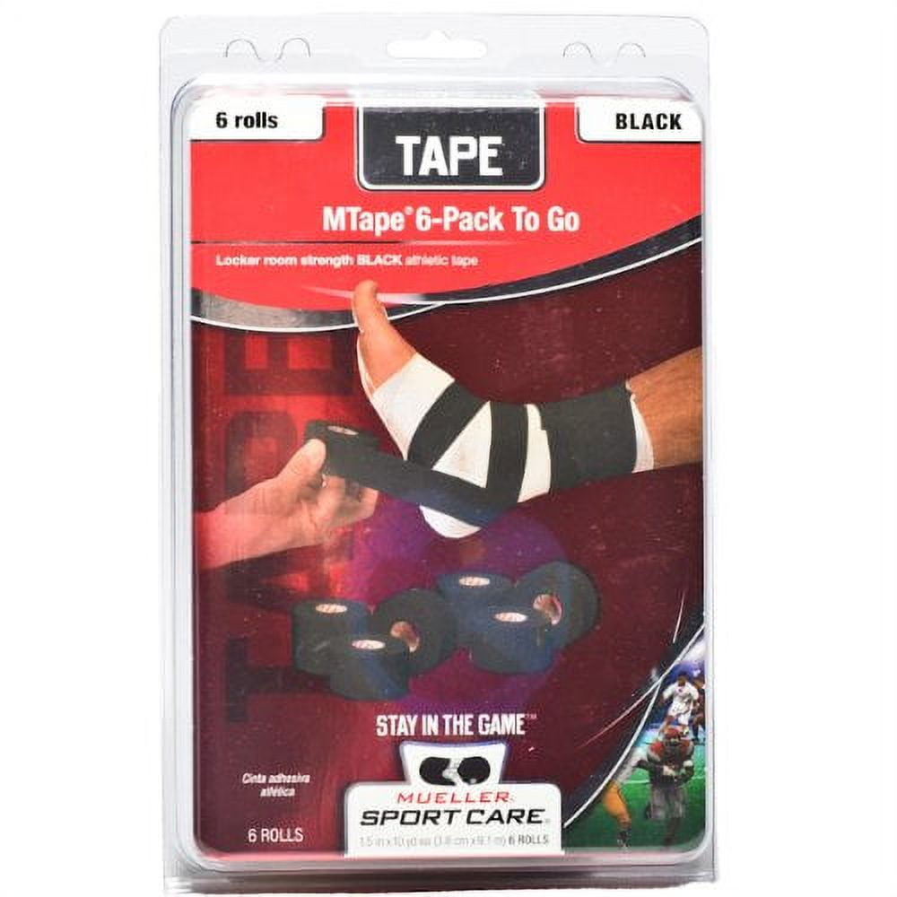 Mueller MTape Athletic Tape, Black, 6 Packtogo, 1.5" x 10 yd each