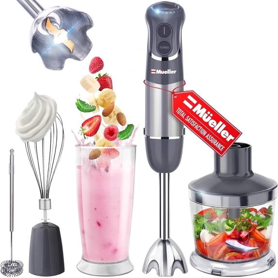 Mueller Immersion Blender Handheld, 800W 5-in-1 Stick Blender with Whisk, Frother, Beaker & Chopper, 12 Speeds + Turbo, Electric Hand Held Mixer for Soups, Smoothies & Baby Food, Grey