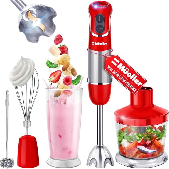 Mueller Multistick 800W 5-in-1 Immersion Blender Handheld, 12 Speed Hand Mixer - Turbo Boost, Heaviest Duty Copper Motor, Titanium Blades Hand Blender, Milk Frother Wand, Red Kitchen Accessories