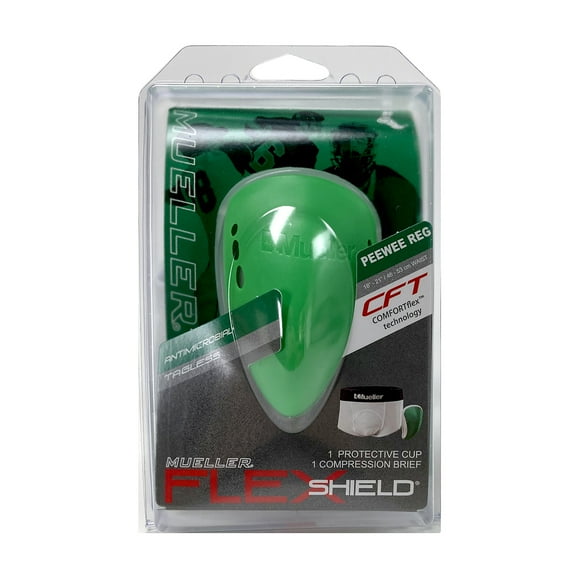 Mueller Peewee Athletic Support Brief with Flex Shield Cup, White/Green, Pewee Regular