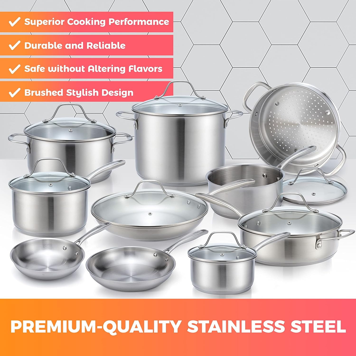 17-Piece Stainless Steel Non-Stick Cookware Set with Glass Lids