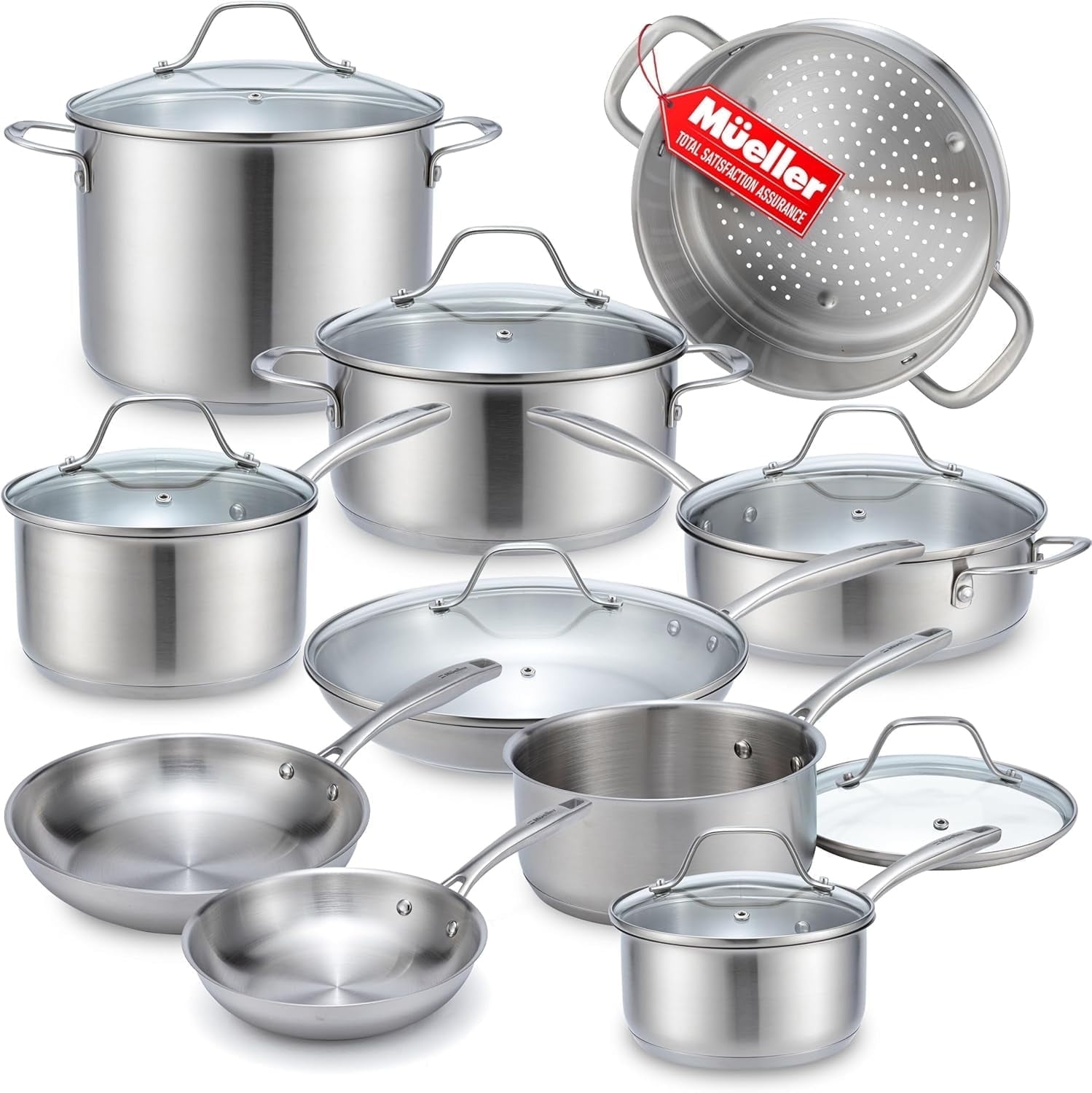 MELLERHOME 17-Piece Cookware Set Ultra-Clad Pro Stainless Steel, EverCool Handles, Induction Ready. Includes Saucepans, Skillets, Dutch Oven, Stockpot & Steamer.