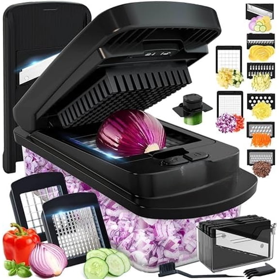 Mueller Pro-Series 10-in-1, 8 Blade Vegetable Chopper, Mandoline Slicer, Onion Mincer, Cutter, Dicer, Veggie Chopper with Container, Kitchen Essentials & Gadgets, House Warming Gifts New Home, Black