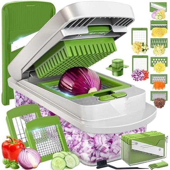 Mueller Pro-Series 10-in-1, 8 Blade Vegetable Chopper, Onion Mincer, Cutter, Dicer, Egg Slicer with Container, French Fry Cutter Potato Slicer, Home Essentials, Salad Chopper White Sand/Green