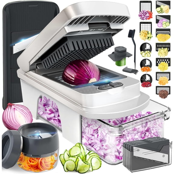 Mueller Pro-Series All-in-One, 12 Blade Slicer for Kitchen, Food Chopper, Vegetable Slicer and Spiralizer, Cutter, Dicer, Grater, Kitchen Gadgets Sets with Container, White Sand/Gray