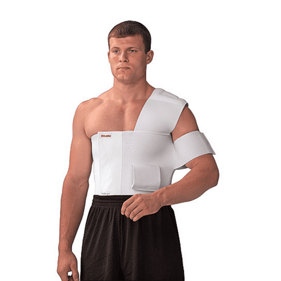 Mueller Shoulder Brace w/unique rear attachment, Left, White - Small