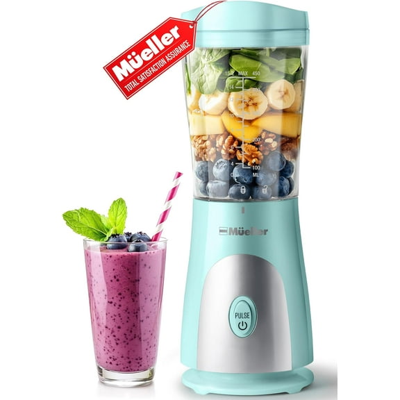 Mueller Smoothie Blender for Smoothies - Personal Blender for Shakes, Frozen Drinks, Baby Food & More, 15oz Travel Cup and Lid, Durable Stainless Steel Blades for Powerful Blending Performance