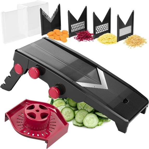 MuellerLiving 5-in-1 Adjustable Mandoline Food Slicer with Stainless Steel Blade for Kitchen - Black
