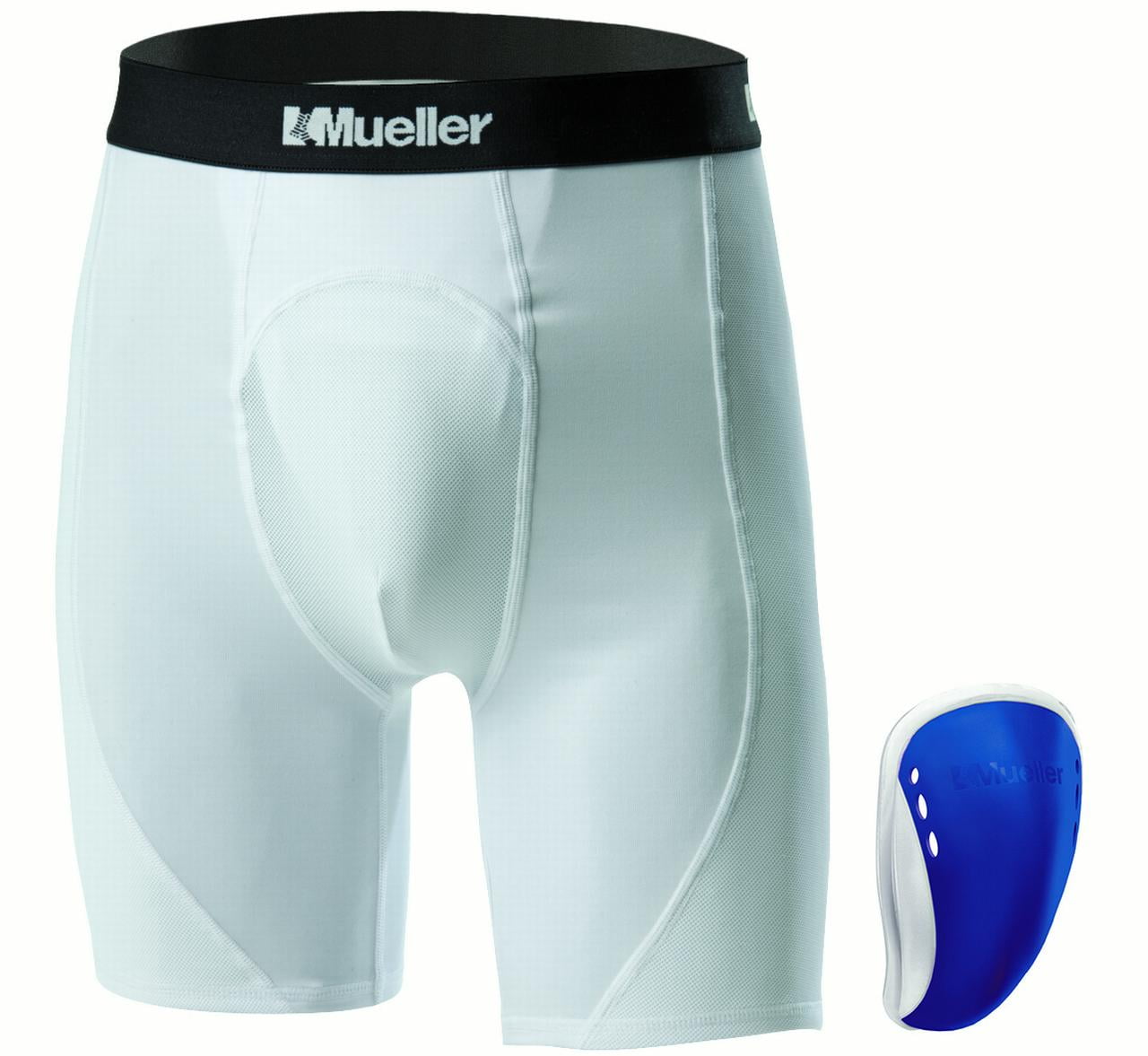 Mueller Youth Athletic Support Shorts with Flex Shield Cup, White/Blue,  Youth Regular 