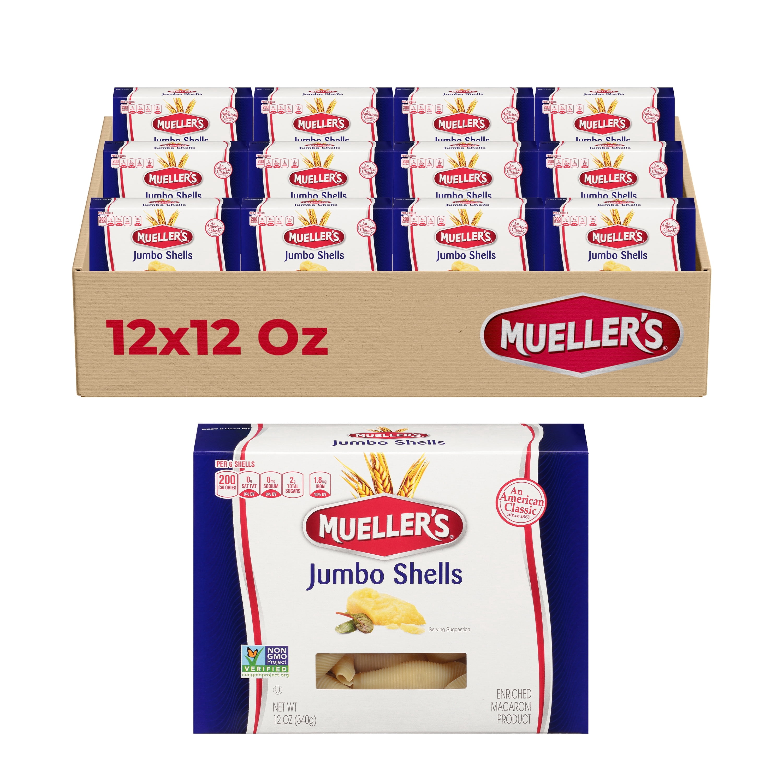 Mueller's Jumbo Pasta Shells, Ideal for Stuffed Dishes, Ridged for Sauce Retention, 12-Pack, 11.5 lbs
