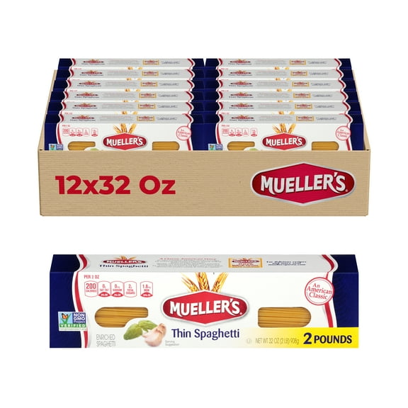 Muellers Thin Spaghetti (12-Pack, 32 oz Each) A delicate, lighter take on traditional spaghetti, perfect for pairing with olive oil-based sauces, seafood, and fresh vegetables.