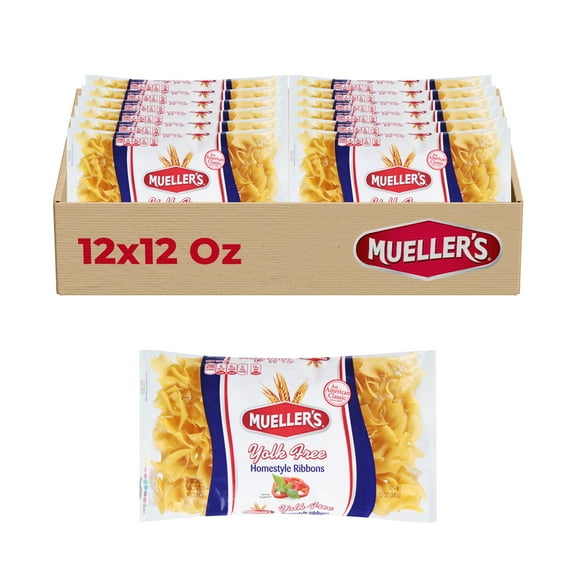 Mueller's Yolk Free Homestyle Ribbon Extra Wide Pasta (12-Pack, 12 oz) – Yolk-free noodles with hearty texture, egg noodle alternative.