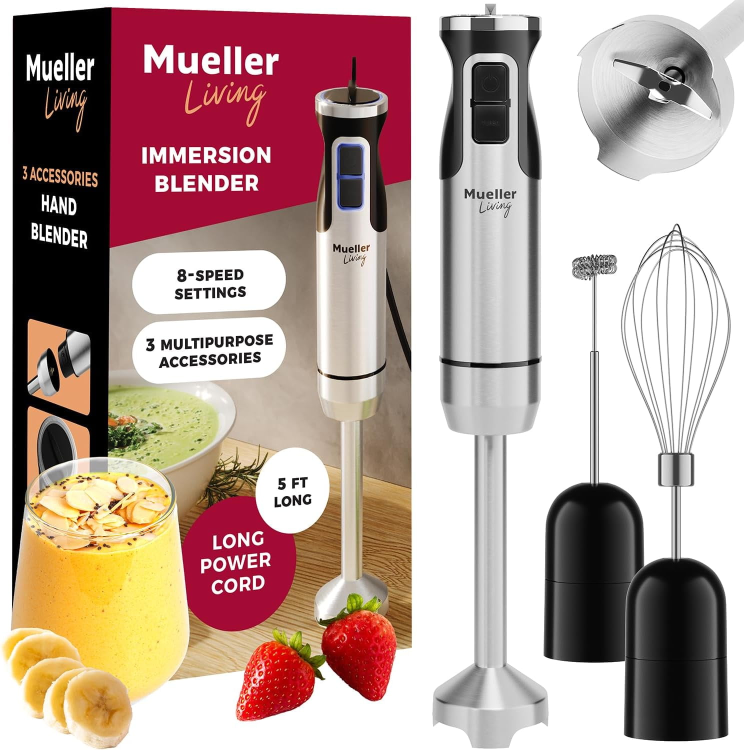 MuellerLiving Immersion Blender Handheld 8 Speed Stainless Steel