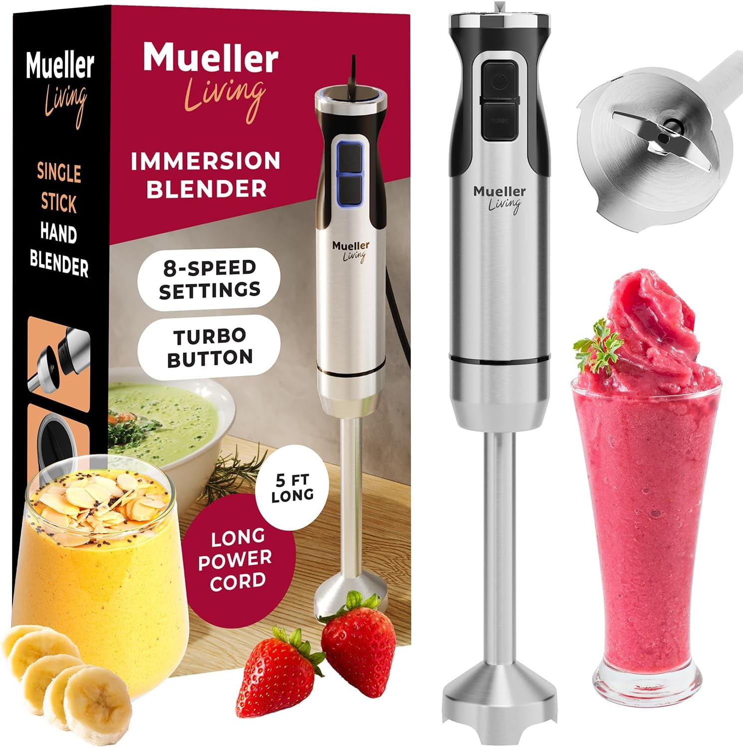 MuellerLiving Immersion Handheld Blender, 8-Speed Stainless Steel