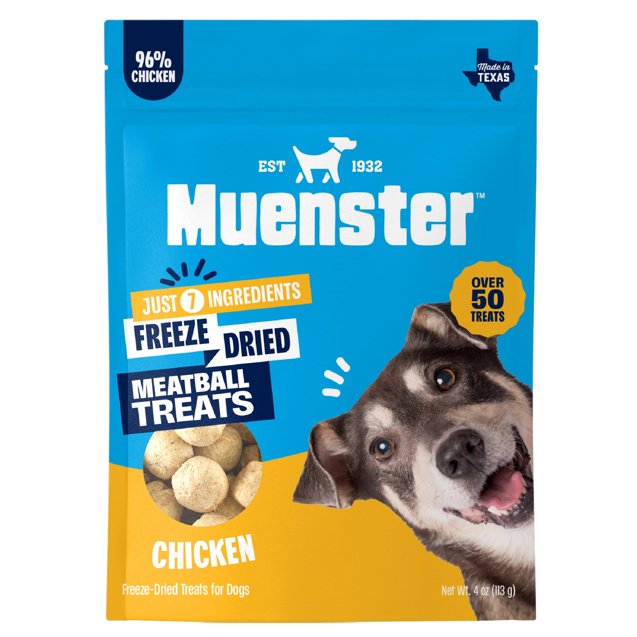 Muenster Freeze-Dried Chicken Meatball Dog Treats, Limited-Ingredient High-Protein Dog Snacks, Low-Calorie Training Rewards, 4 oz Resealable Pouch