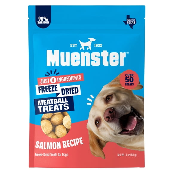 Muenster Freeze-Dried Salmon Meatball Dog Treats, Limited-Ingredient High-Protein Dog Snacks with Omega-3 for Skin & Coat, Grain-Free Training Treats, 4 oz Resealable Pouch