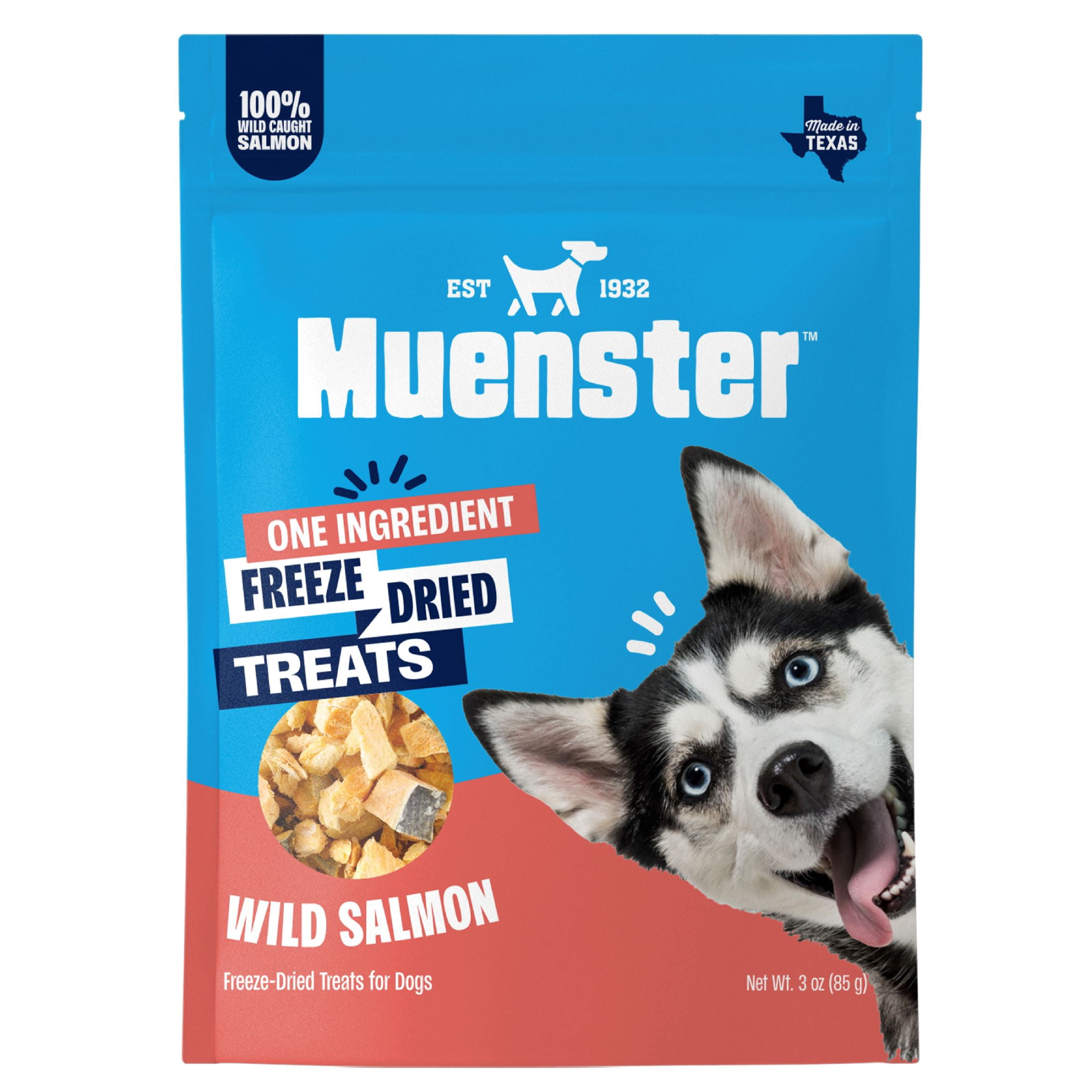 Muenster Freeze-Dried Wild Salmon Dog Treats, Single Ingredient High-Protein Dog Snacks, Skin & Coat Support, Grain-Free Training Treats, 3 oz Resealable Pouch