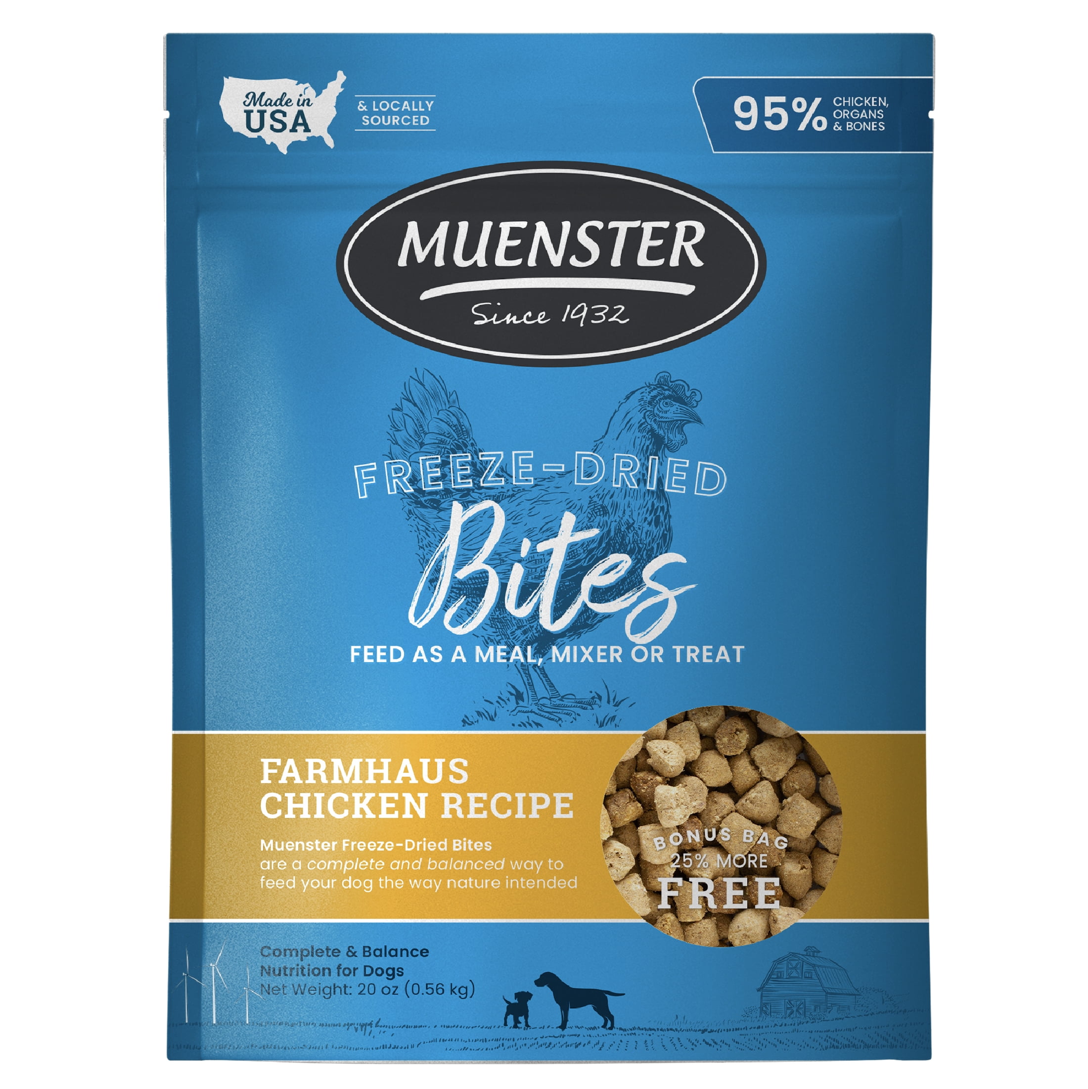 Muenster Chicken Bites Freeze-Dried Dog Food, for All Life Stages, use as a Meal, Meal Topper or Training Treat, 20 oz Pouch