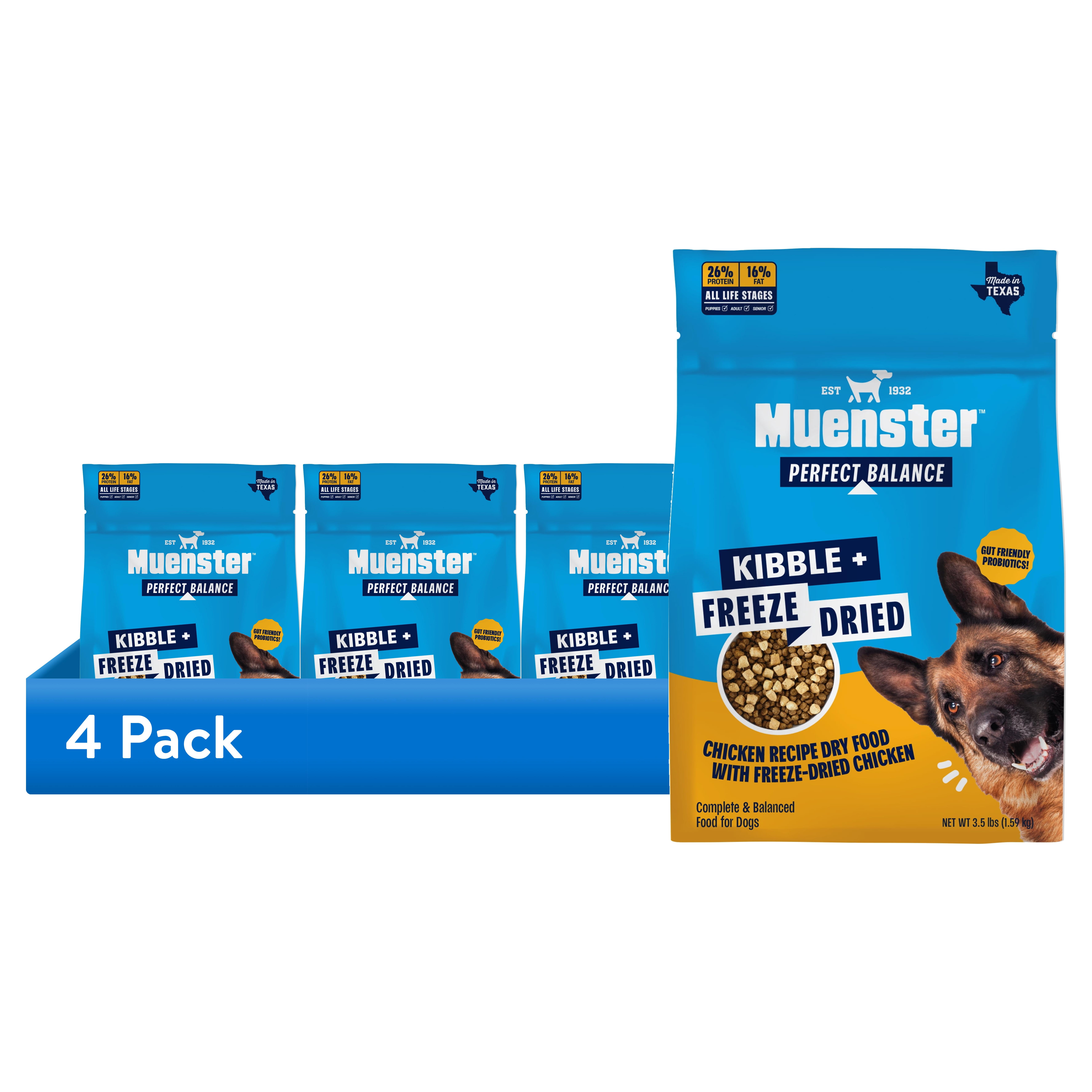 (4 pack) Muenster Perfect Balance Chicken Kibble and Chicken Bites Freeze Dried Dog Food, All Life Stages, 3.5 lb Bag