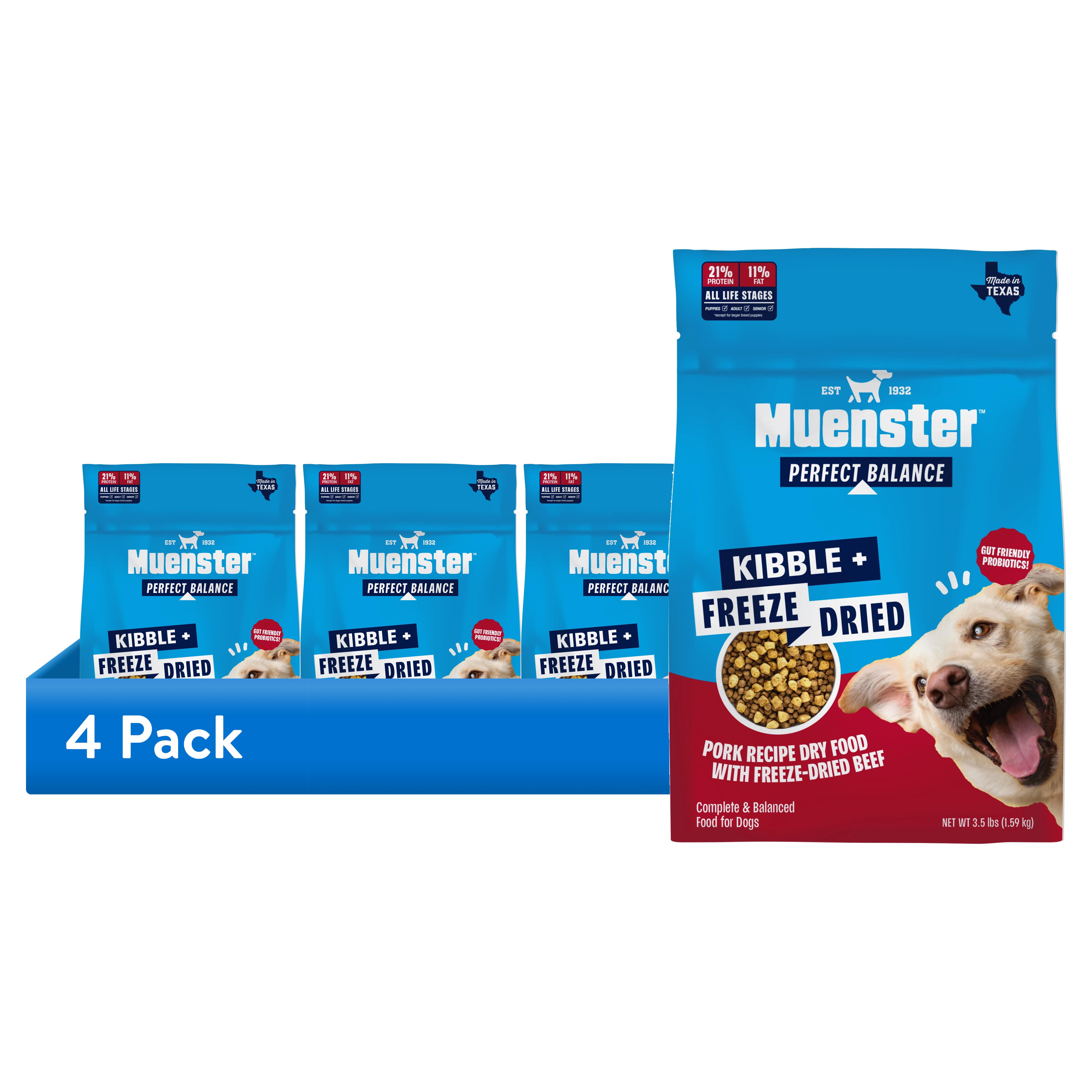 (4 pack) Muenster Perfect Balance Pork Kibble and Freeze-Dried Beef Bites Dog Food, All Life Stages, 3.5 lb Bag