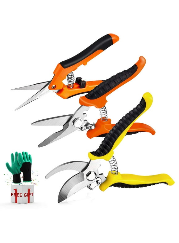 Muerk 3 Pack Garden Pruning Shears Stainless Steel Blades Handheld Pruners Set with Gardening Gloves